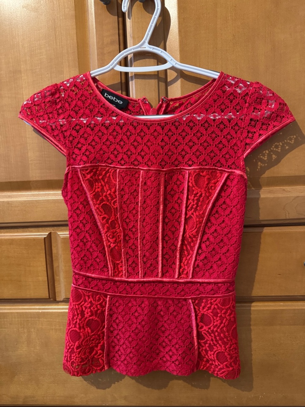 bebe Red Lace Peplum Top with Cap Sleeves